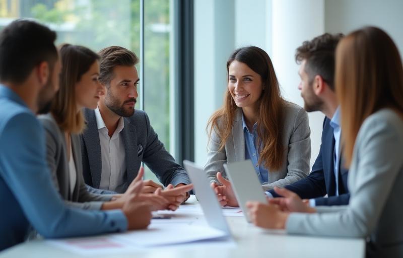 Consultants discussing strategy in a meeting room
